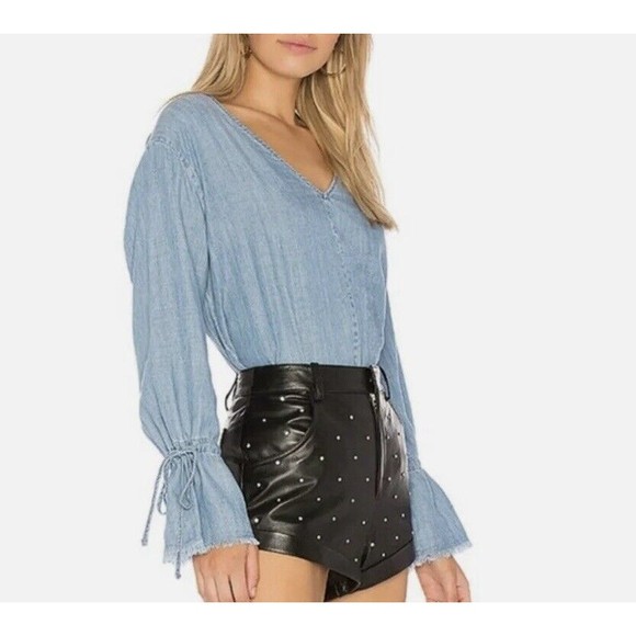 Rails Zimi Top Womens S Blue Linen Blend Chambray Long Sleeves Tie Flare Cuffs - Picture 2 of 13